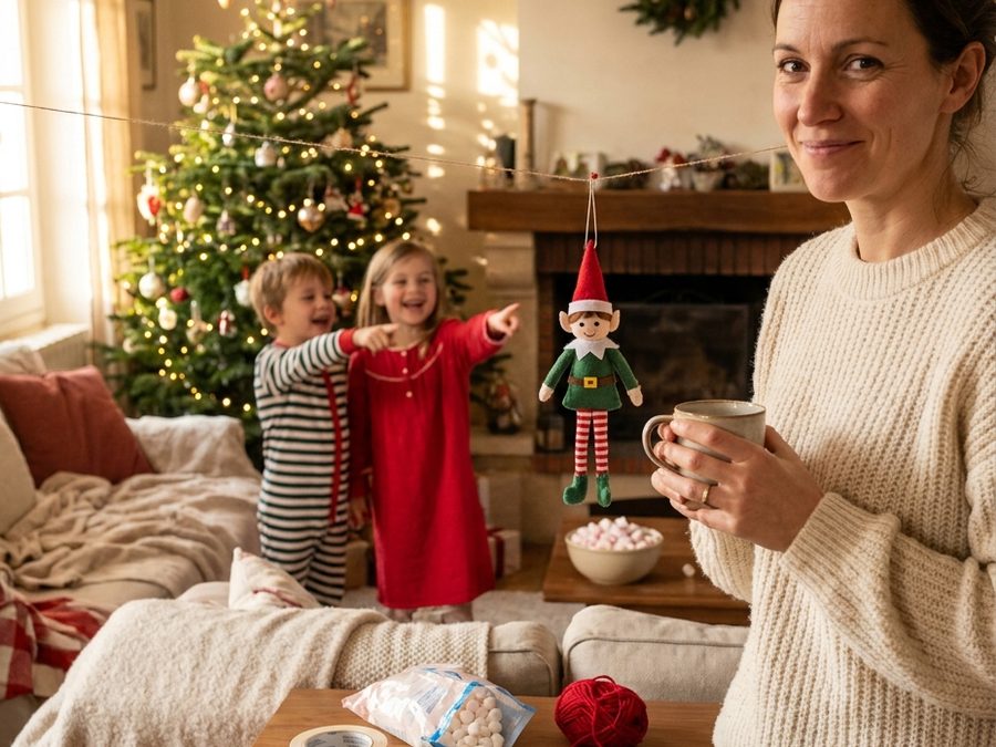 Le matin : la maman sourit, les enfants rient devant le lutin en tyrolienne